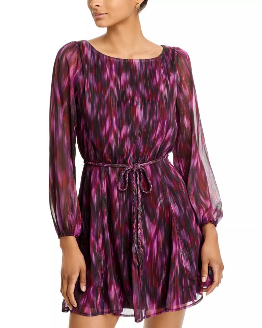 KOKO + MASON Women Purple Abstract Chiffon Long Sleeve Party Mini Dress Size S